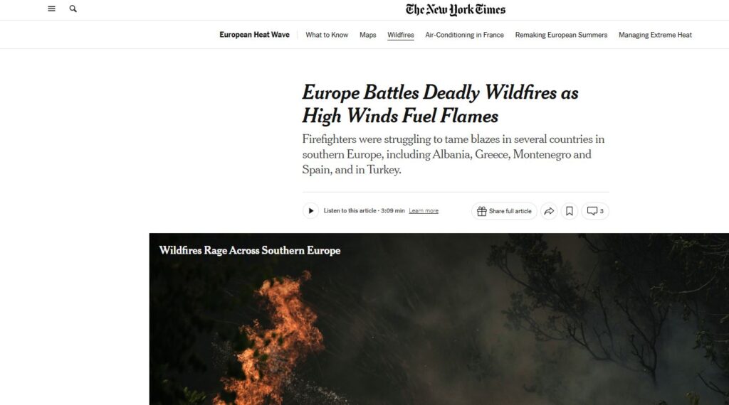 New York Times: Η Ευρώπη μάχεται με τις «φονικές» πυρκαγιές και τους θυελλώδεις ανέμους – Η αναφορά στην Ελλάδα