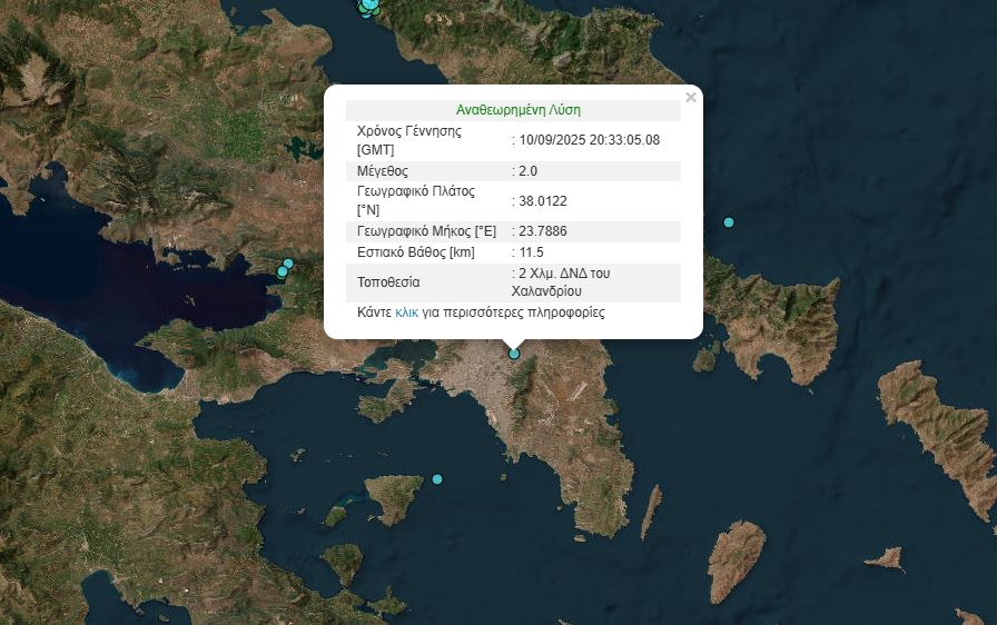 Ασθενής σεισμική δόνηση 2,5 Ρίχτερ στην Κηφισιά – Αισθητός σε πολλές περιοχές της Αττικής