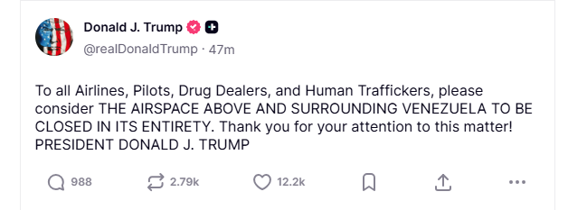 To κλείσιμο του εναέριου χώρου πάνω από τη Βενεζουέλα ανακοίνωσε ο Τραμπ